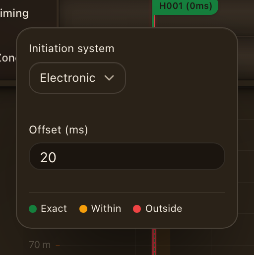 The timing settings, set to electronic detonators and the recorder's lead-in