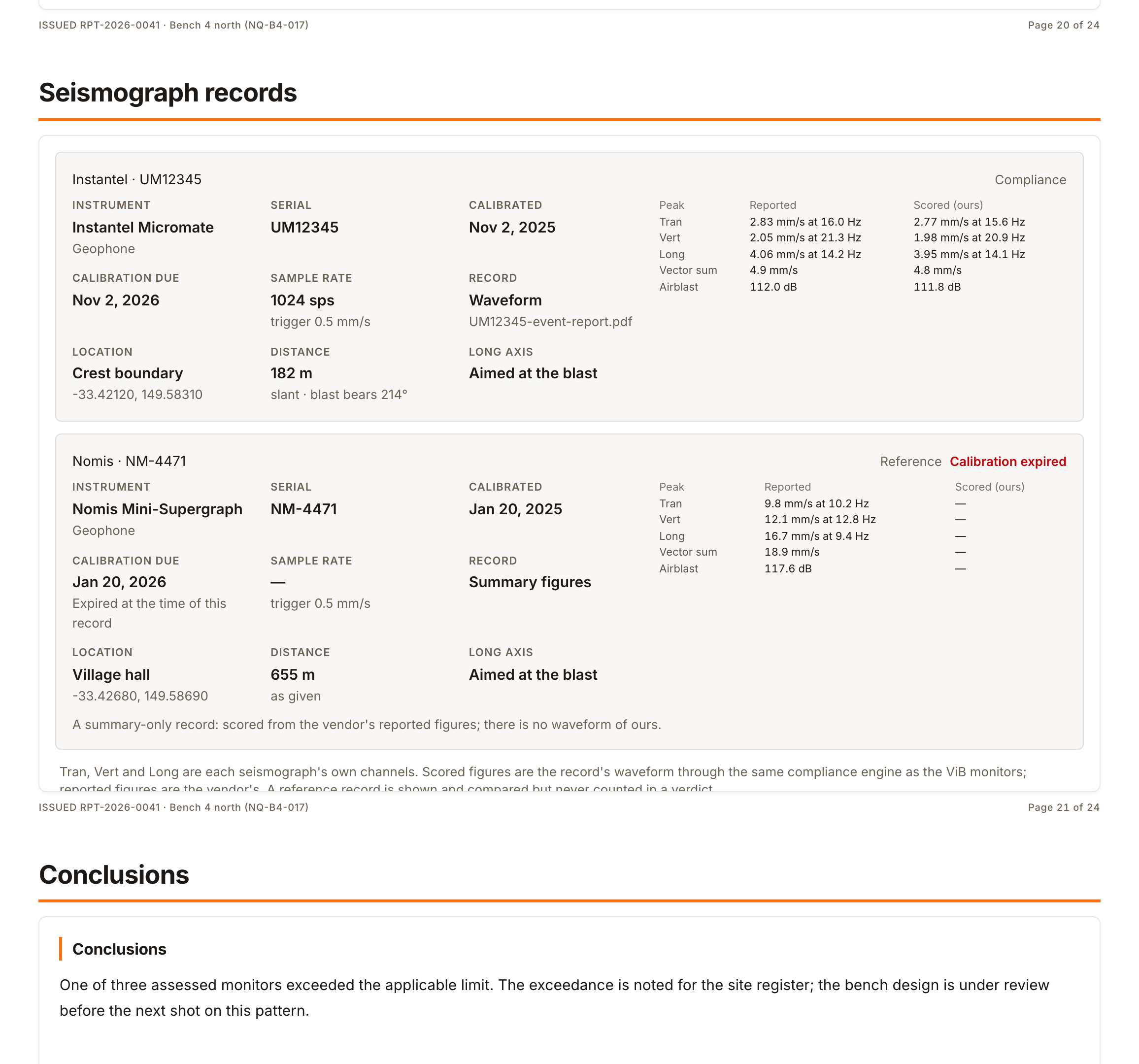 The Seismograph records page of a blast report: each instrument with its calibration, location, distance, record type and role, and the vendor's figures beside ours