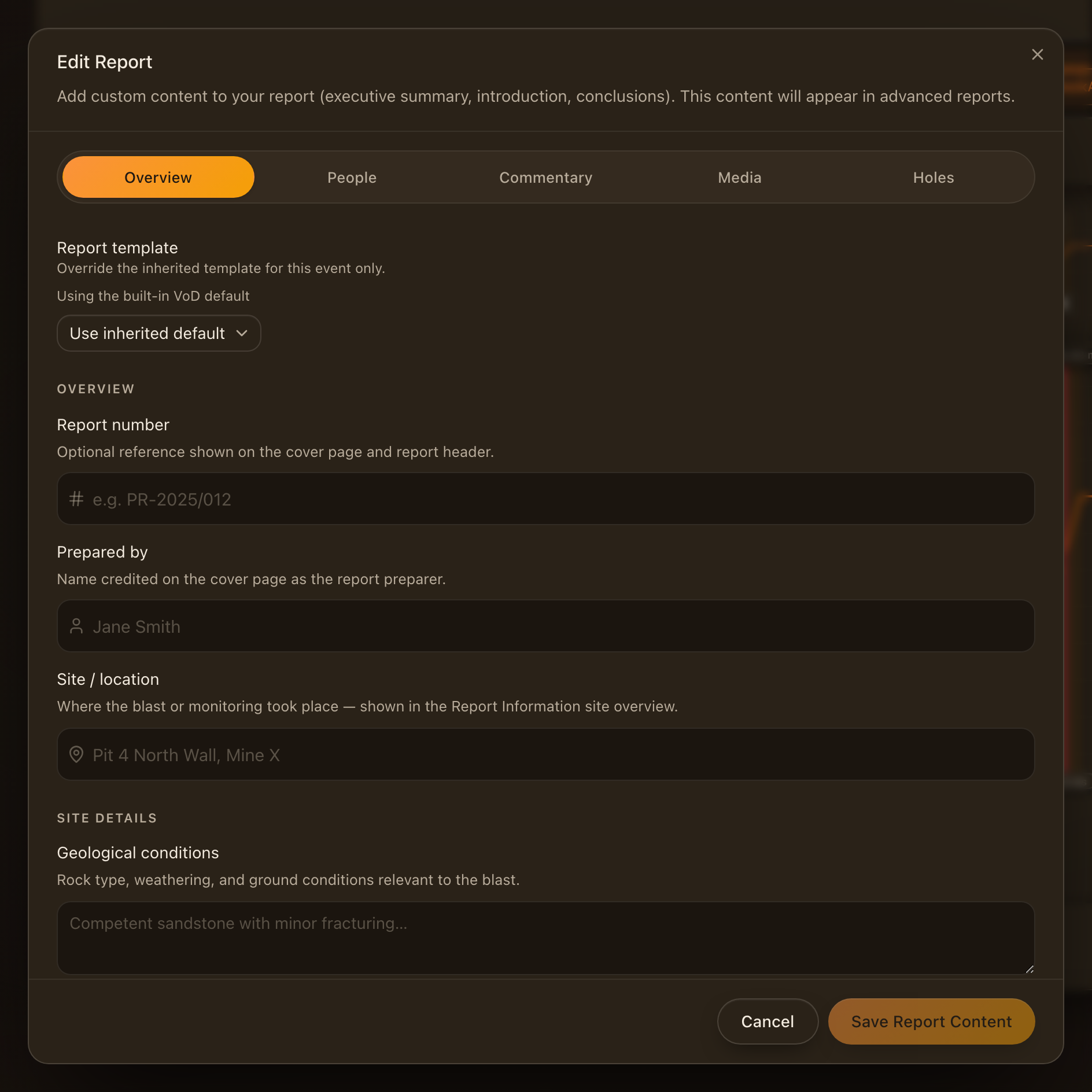 The Edit Report dialog on a VoD event