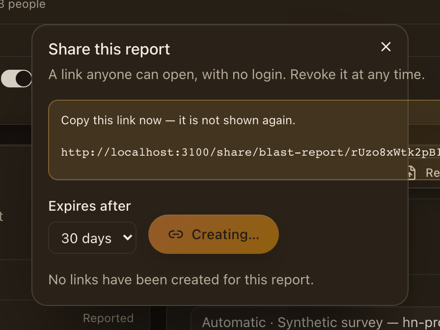 The share dialog with a fresh link