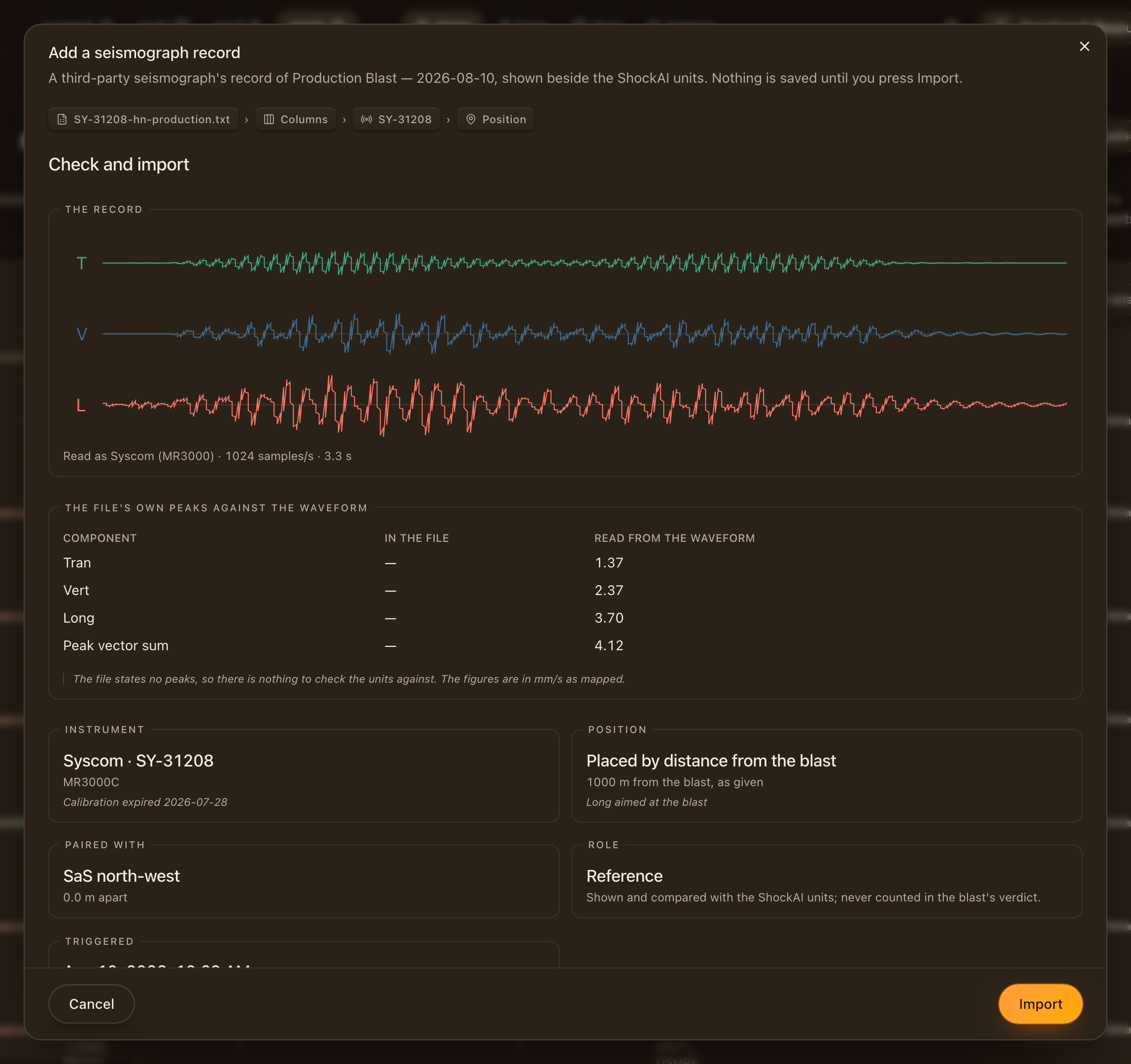 The Review screen: the three traces as read, the file's own peaks against the waveform, and every answer