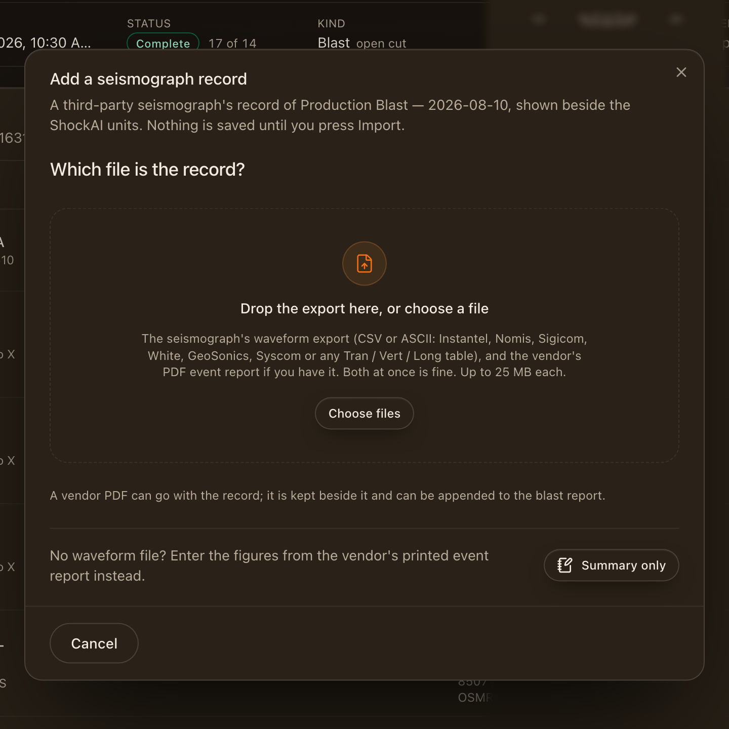 The first screen of the import walk: drop the export here, or choose a file, with Summary only below