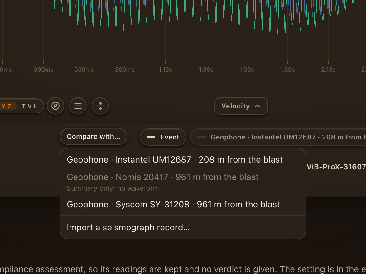 The Compare with menu under the charts, listing the blast's seismograph records, the paired one first, and Import a seismograph record at the foot