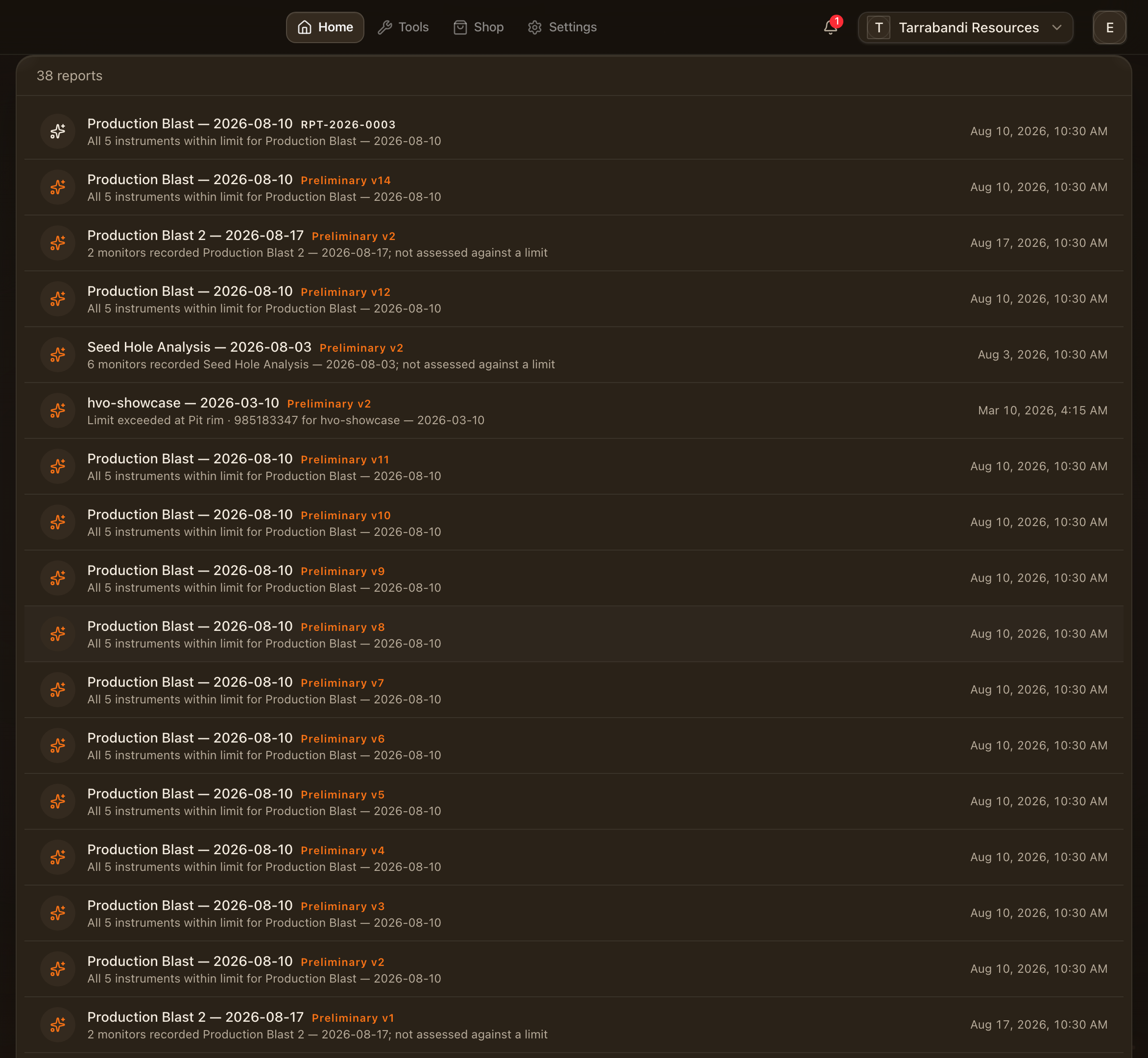 The Reports list