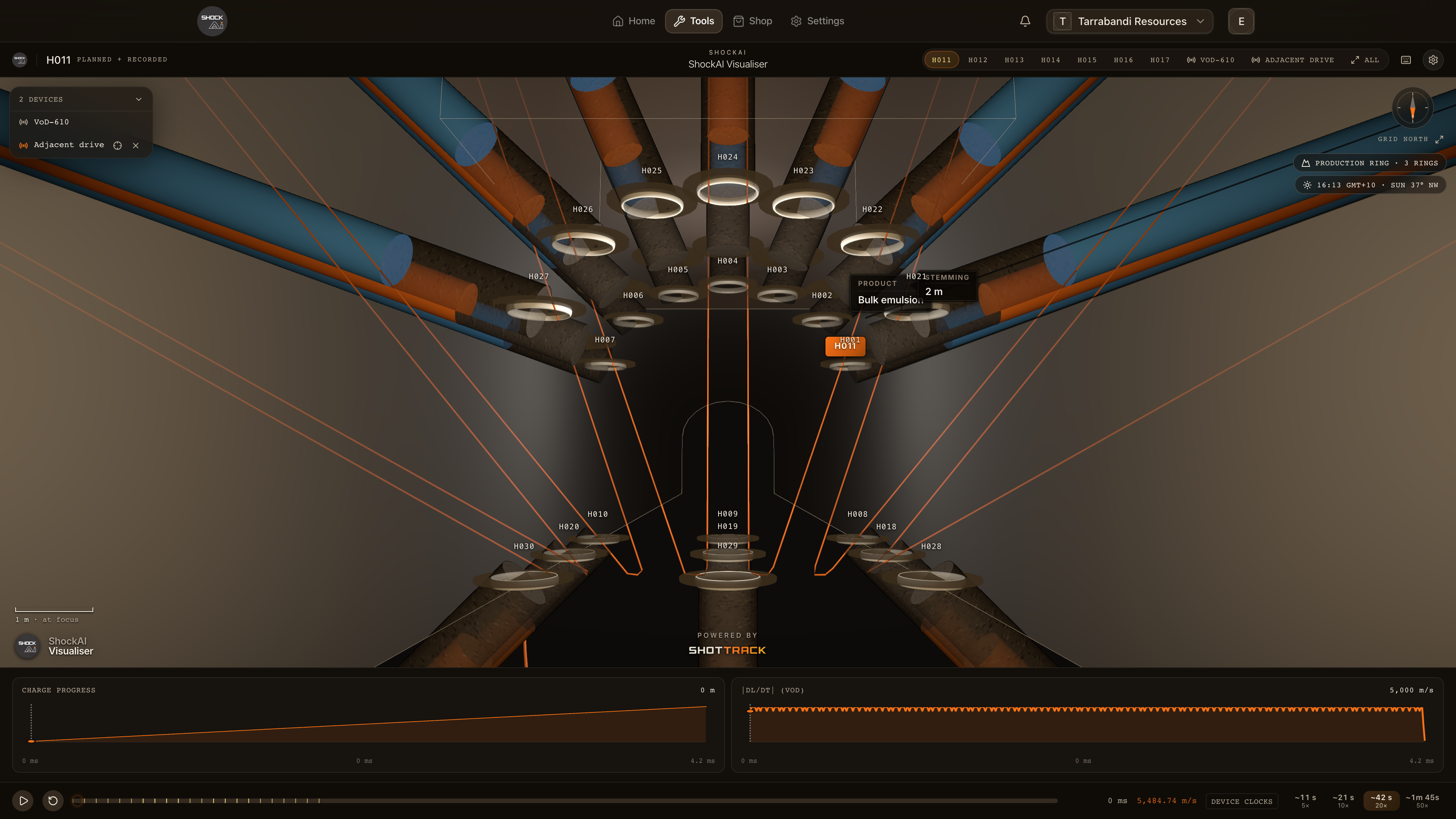 A three-ring production blast drawn underground, with its chip