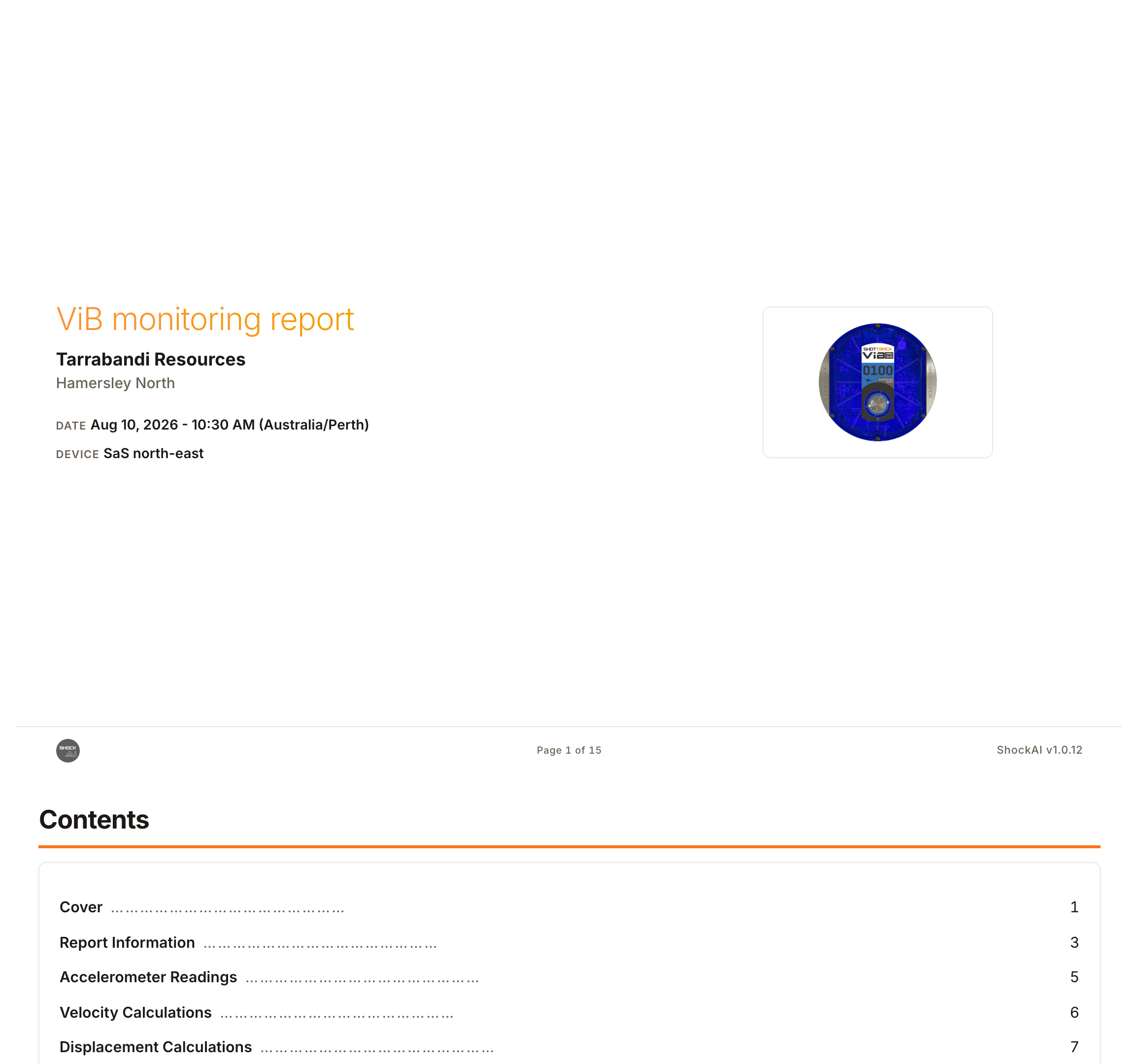 The cover of a rendered ViB report