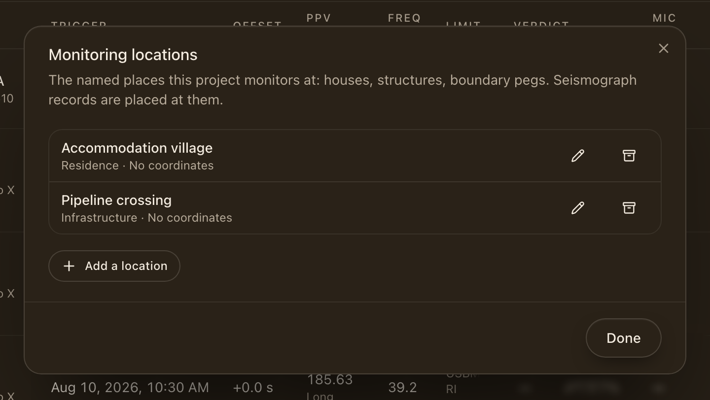 The Monitoring locations dialog listing the project's named places