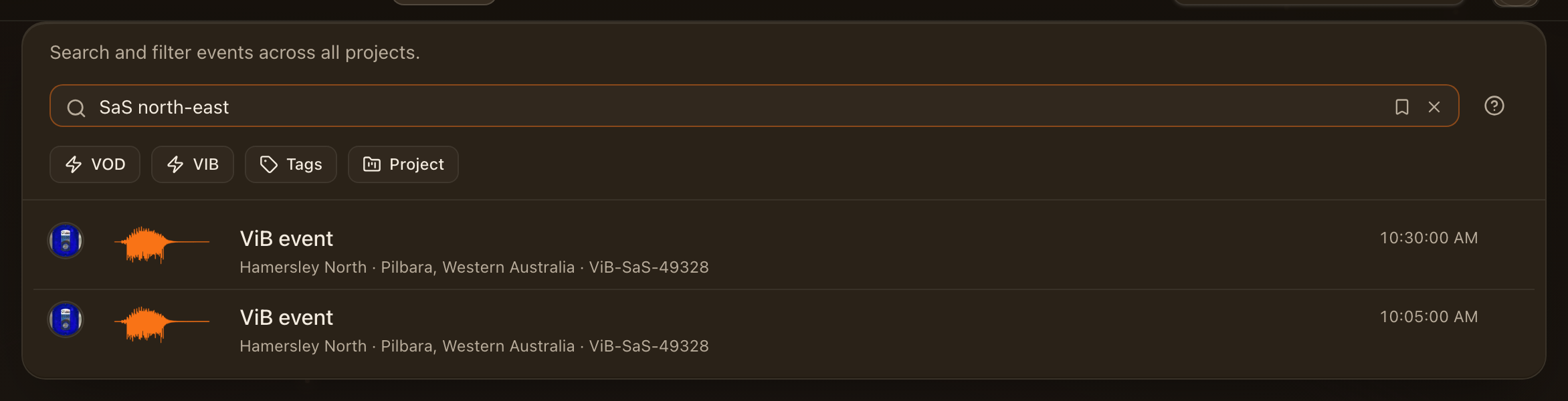 The events directory narrowed by a search