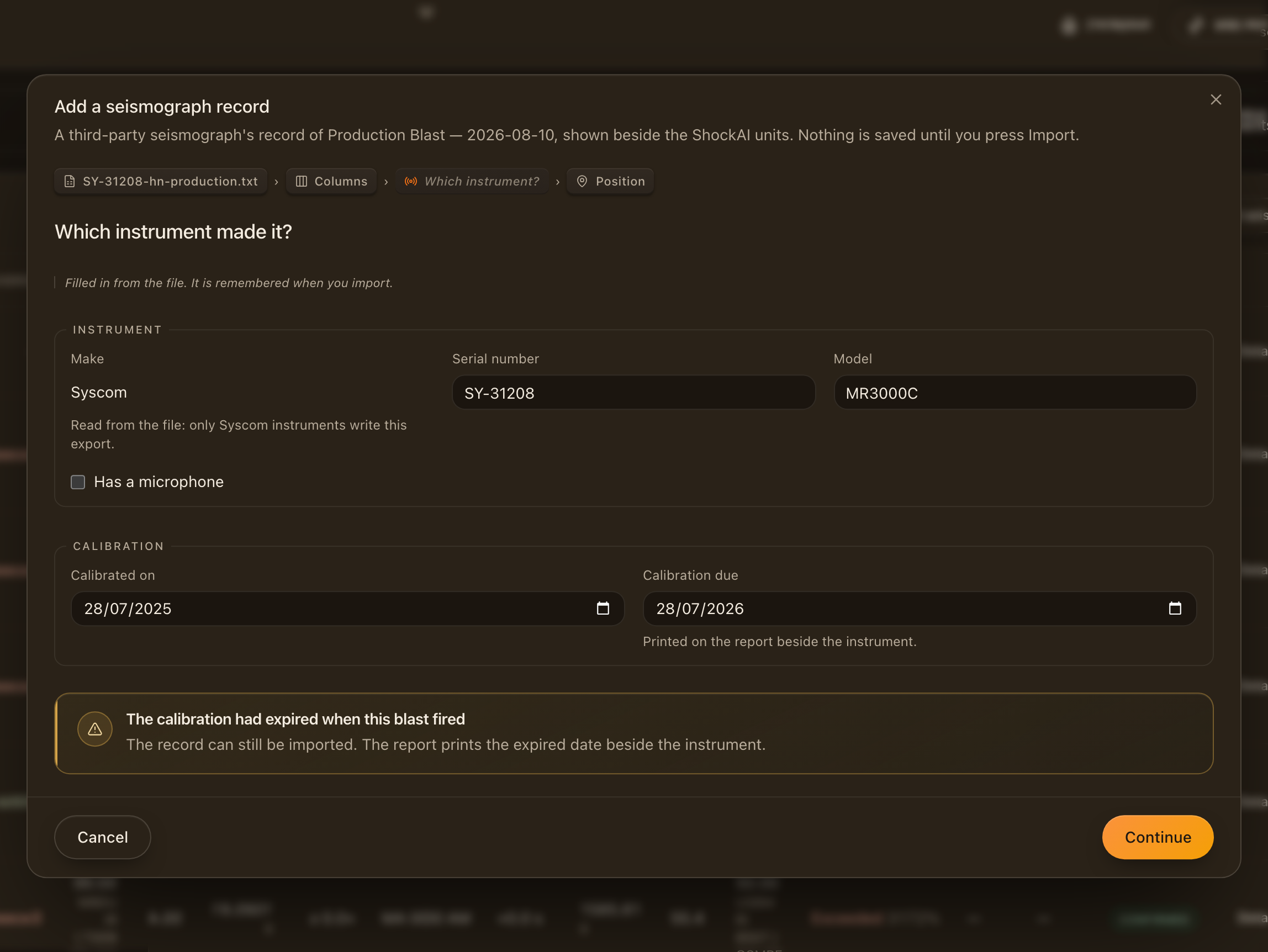 The Instrument screen: make and serial read from the file, the model typed, calibration dates, and the warning that the calibration had expired