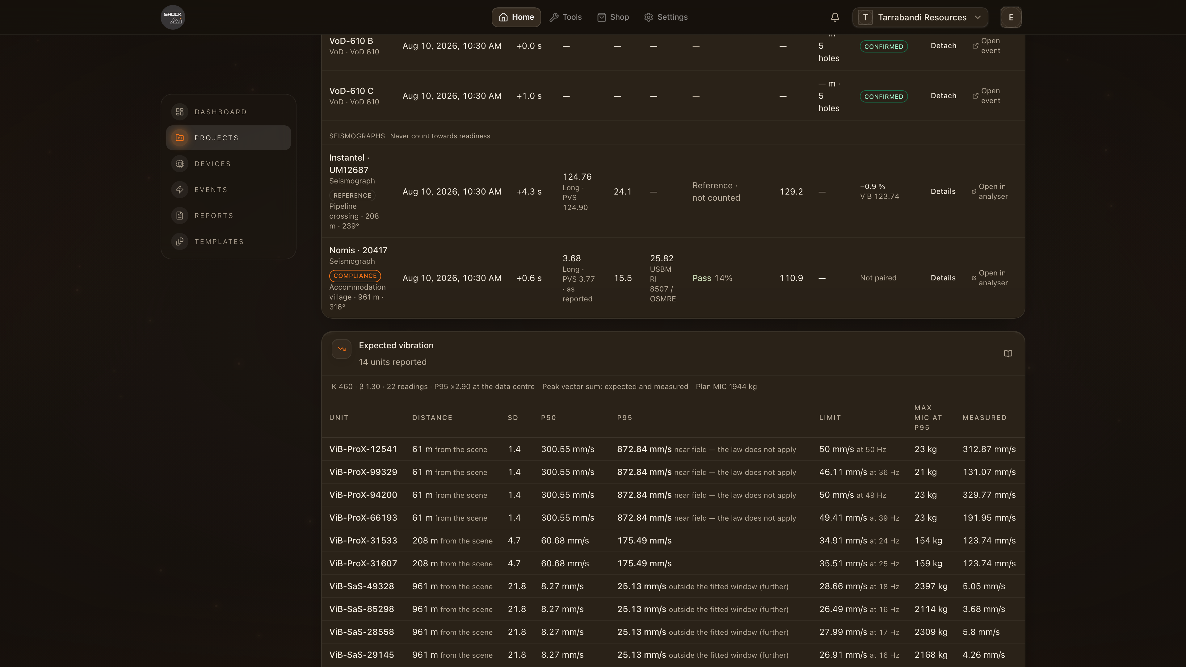 The Seismographs rows under the units in a blast's Results table: an Instantel reference paired with a unit, and a Nomis compliance instrument entered from its printed report