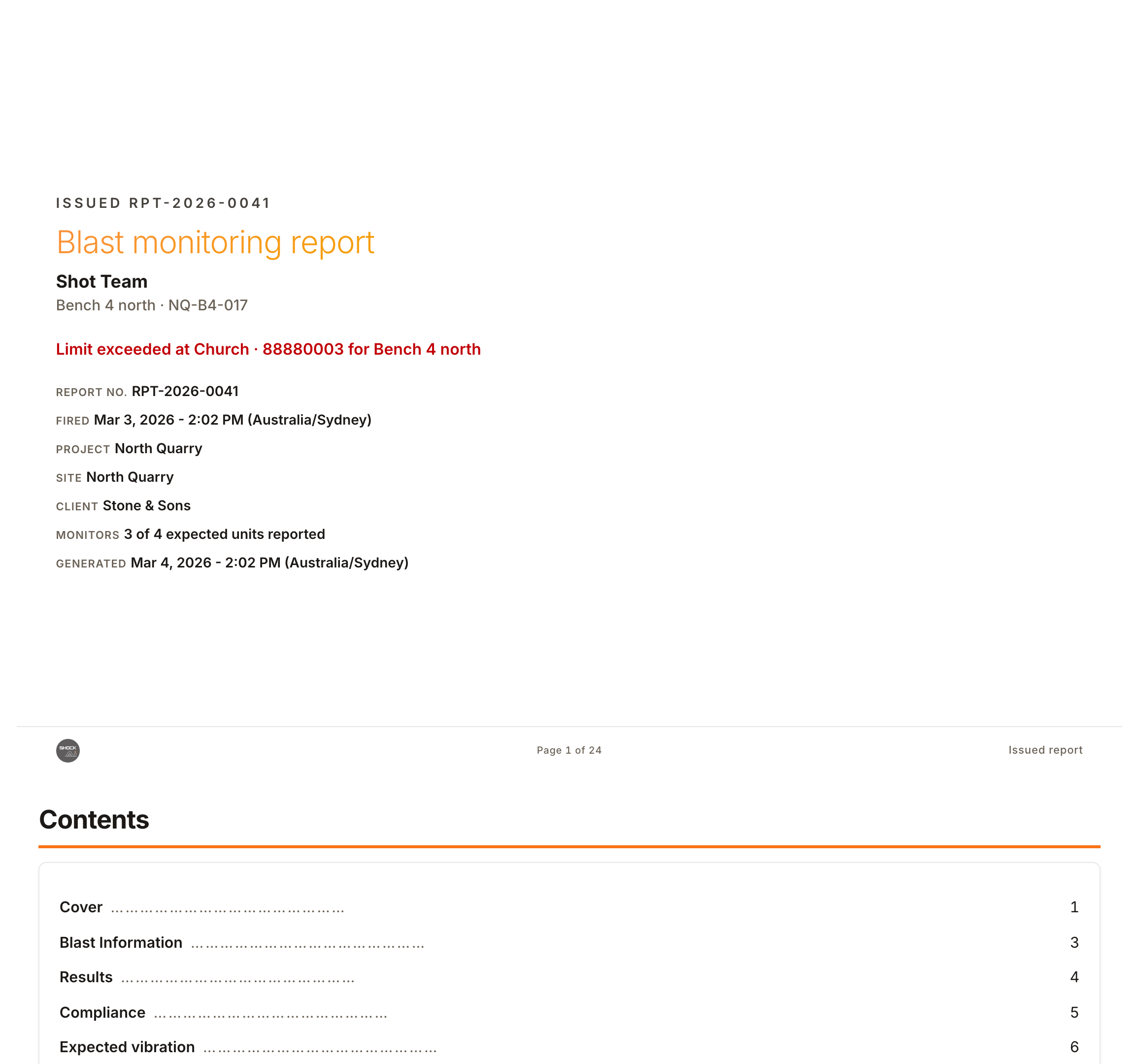 The cover page of a blast report