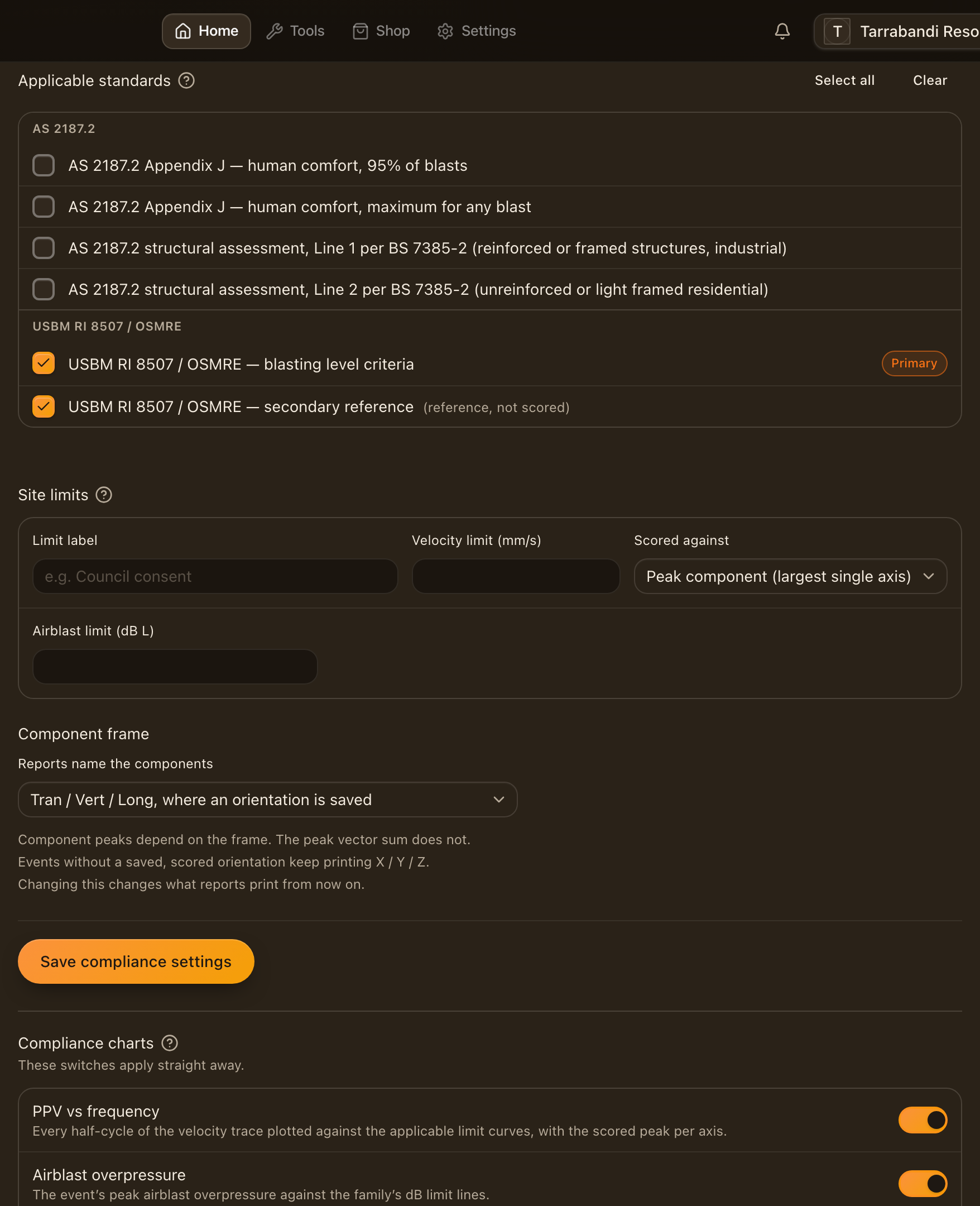 The compliance settings form