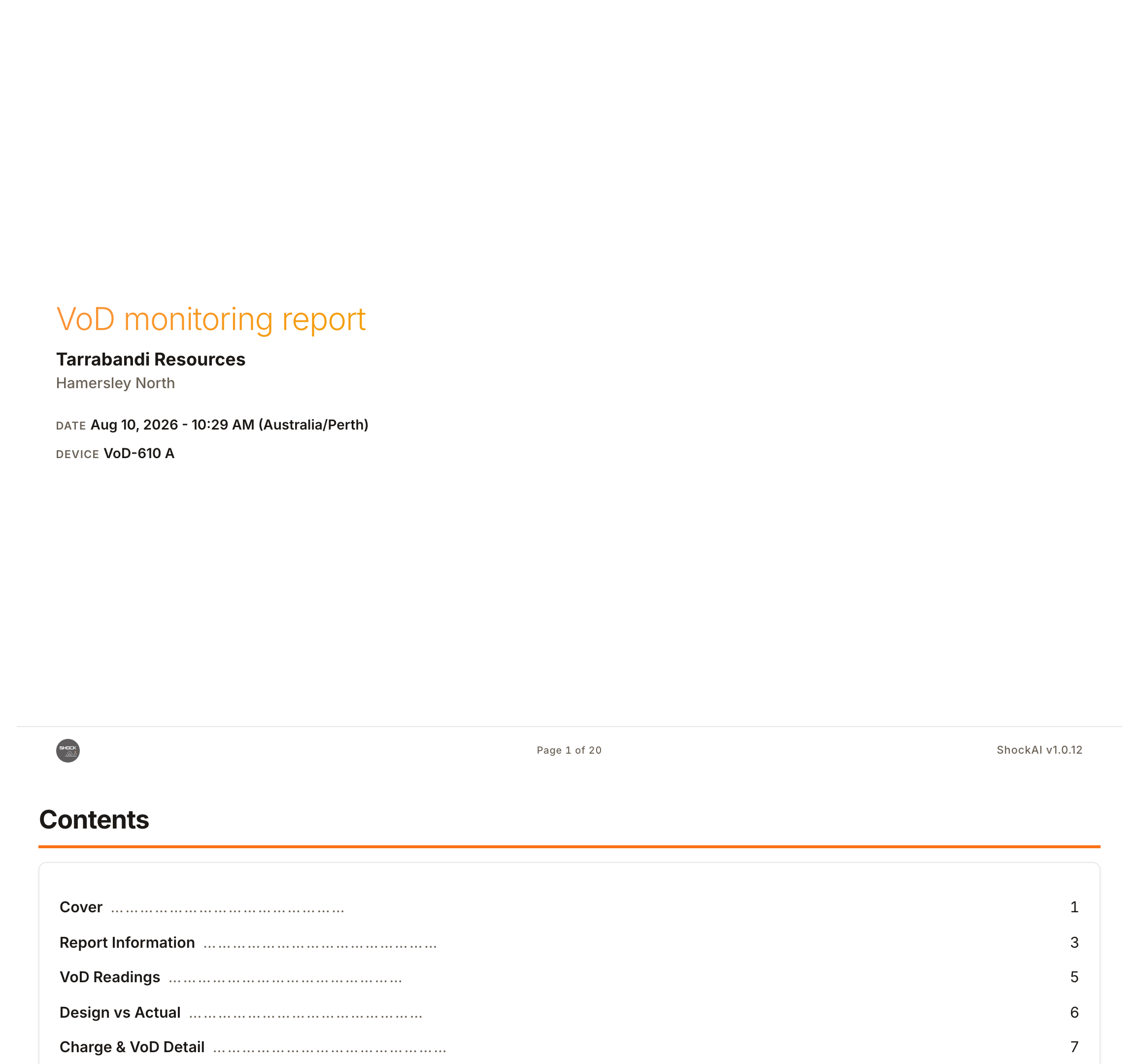 The cover of a rendered VoD report